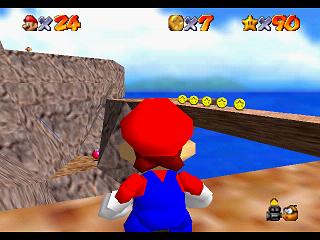 Super Mario 64 sur N64 - Niveau 12 : Trop haute montagne - Pièces et généralités Super Mario 64 sur N64 - Niveau 12 : Trop haute montagne - Pièces et généralités