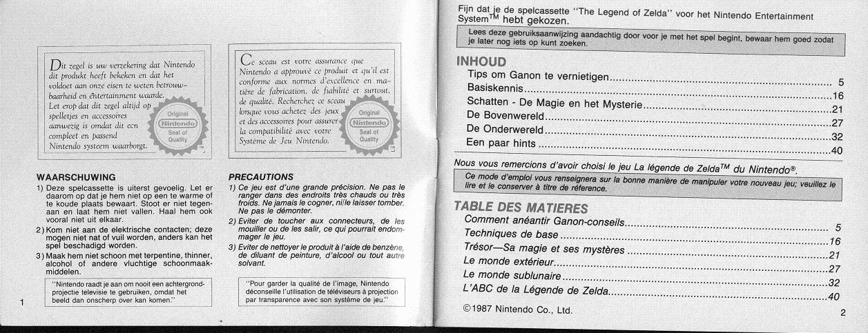 The adventure of Zelda sur Nes : La notice