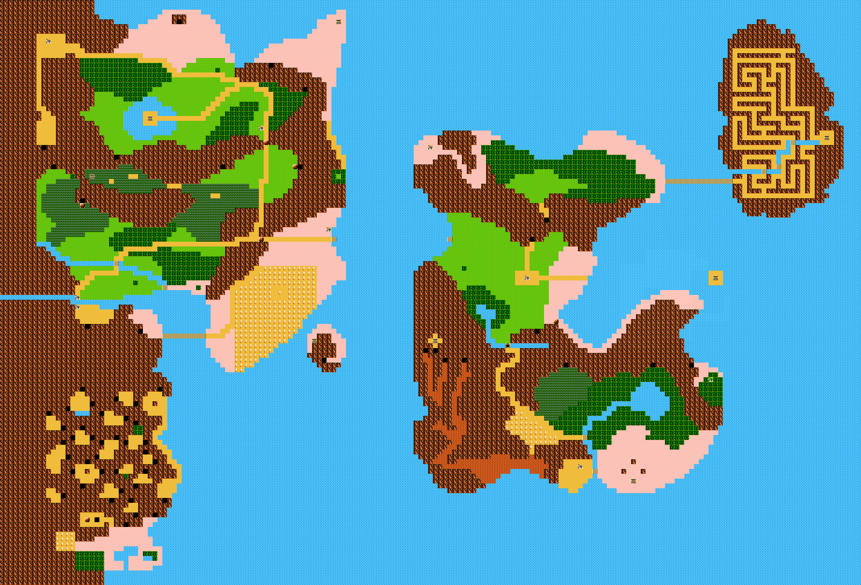 Zelda 2 - The adventure of Link sur Nes : plan complet d'Hyrule (carte du monde extérieur)