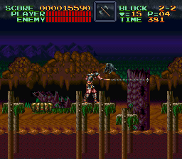 Super Castlevania 4 sur Super Nintendo - Niveau 2 : Cimetière, marécages et rivière Super Castlevania 4 sur Super Nintendo - Niveau 2 : Cimetière, marécages et rivière