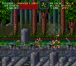 Super Castlevania 4 sur Super Nintendo - Niveau 2 : Cimetière, marécages et rivière Super Castlevania 4 sur Super Nintendo - Niveau 2 : Cimetière, marécages et rivière