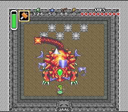 उसके मुखौटे को फोड़ने के लिए कुछ और हथौड़े के प्रहार Soluce de Zelda 3 a Link to the Past sur Super Nes : अंधेरे का महल, पहला क्रिस्टल (gba, Snes, super nintendo)