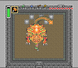 और लिंक शांति से उसे खत्म कर देता है (स्पिन अटैक पावर!) Soluce de Zelda 3 a Link to the Past sur Super Nes : अंधेरे का महल, पहला क्रिस्टल (gba, Snes, super nintendo)